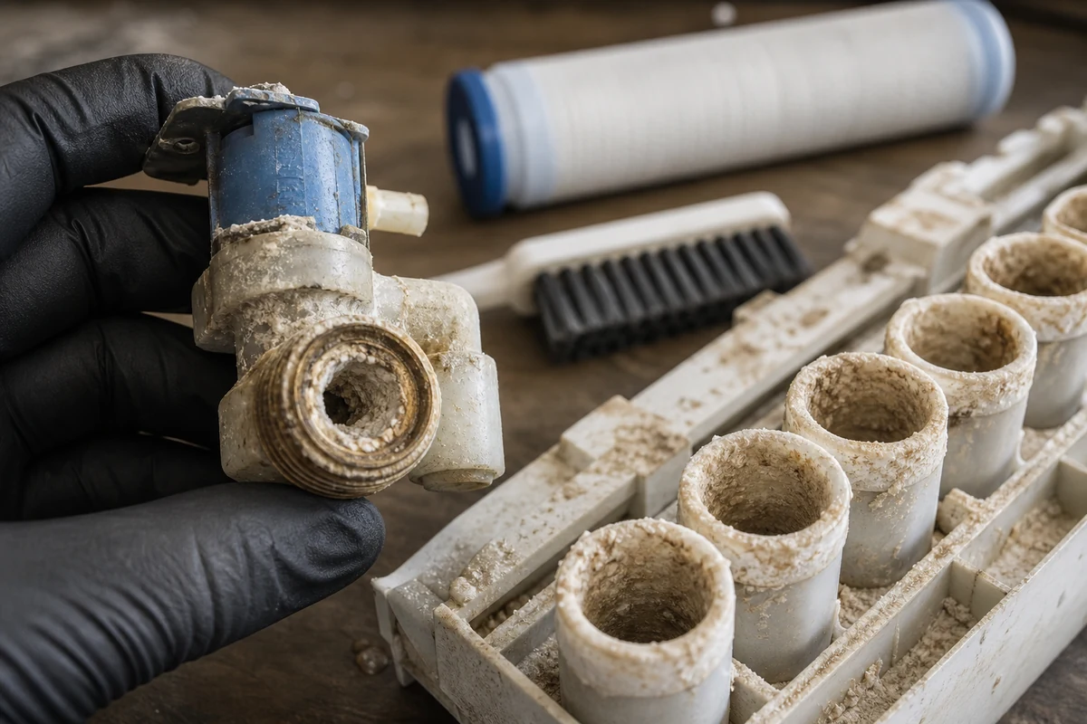 Scaled Sub-Zero water inlet valve from hard St. Augustine aquifer water, a common source of leaks
