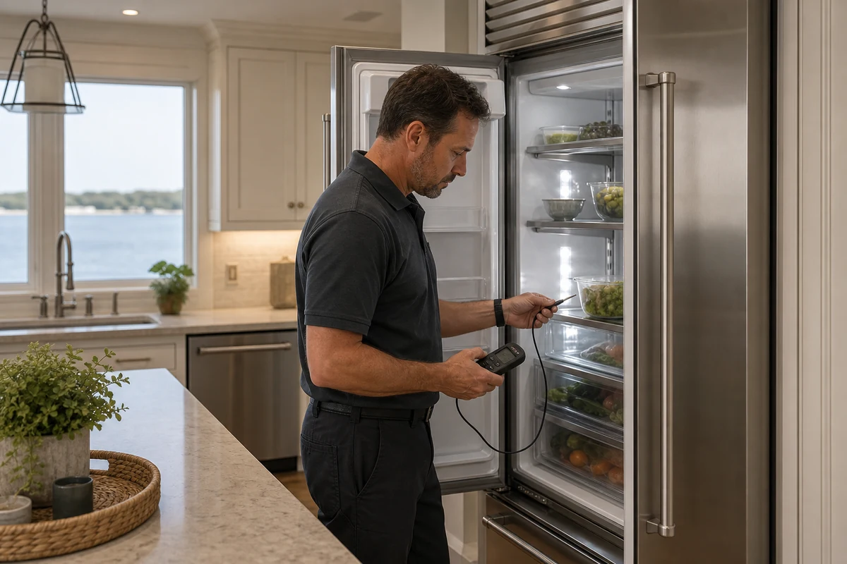 Technician reading refrigerant pressures during a Sub-Zero sealed-system diagnosis in a St. Augustine kitchen